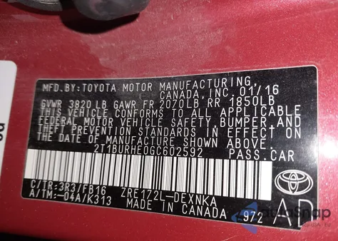 2016 Toyota Corolla Le z USA, uszkodzony, nr VIN 2T1BURHE0GC602592